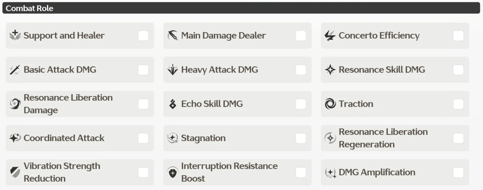 Combat Role filter in Wuthering Waves showing a partial list of role options